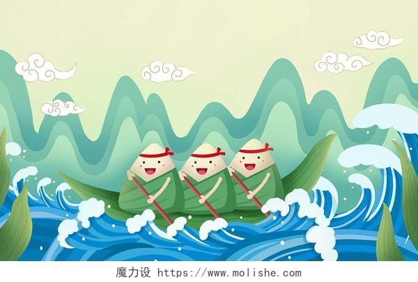 手绘扁平风卡通节日端午节端午粽子端午划船插画海报背景